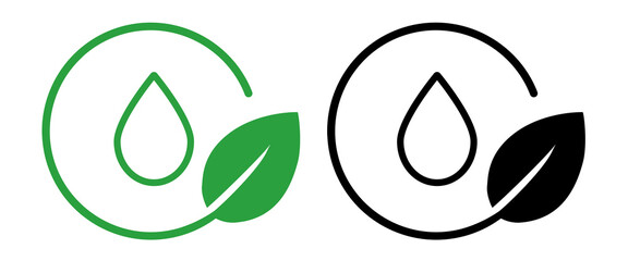 Icon water drop within a circular frame with a green leaf, symbolizing water conservation clean water and the importance of hydration for environmental health liquid oil drop