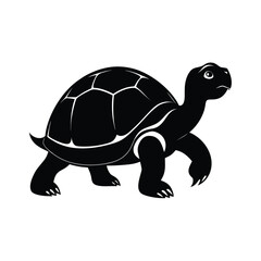 A solitary tortoise gracefully walks slowly from the side in a stark black silhouette