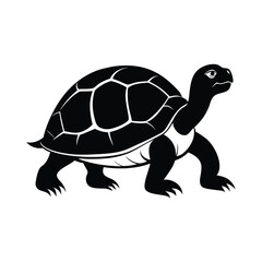 Elegant black silhouette of a tortoise walking slowly from a side view