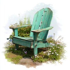 A teal wooden Adirondack chair surrounded by flowers