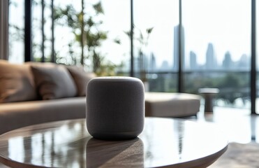 Smart speaker on wooden table in stylish living room. Modern home interior with cityscape. Minimalist design. Home tech, voice assistant device with smart home 