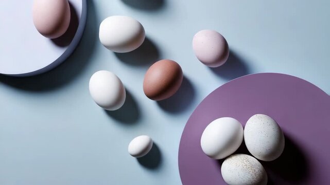 A collection of eggs of different sizes and colors are arranged on a purple background. The eggs are placed in a circular pattern, with some overlapping each other. Scene is one of simplicity