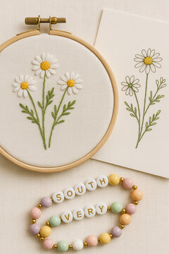 Daisy Embroidery, Greeting Card, and Beaded Bracelet with 'SOUTH VERY'