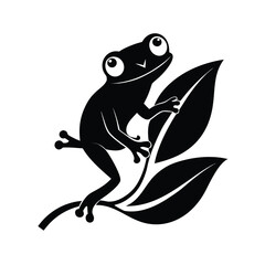 Black silhouette of a tree frog clinging to a green leaf in a clean vector design