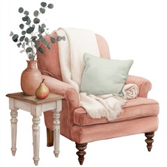 Watercolor illustration of a cozy armchair and side table