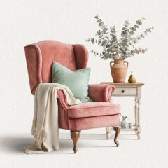 Pink wingback chair, cream throw,  and vase