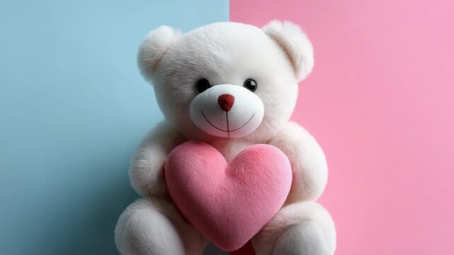 A teddy bear holding a pink heart. The bear is sitting on a blue and pink background