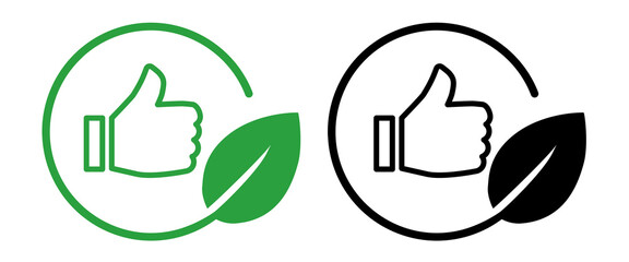 icon thumbs up gesture within circular frame paired with green leaf symbolizing positive recommendation approval and endorsement of sustainable products or practices
