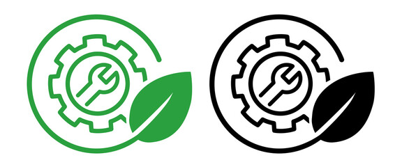 icon gear and wrench within a circular frame paired with a green leaf symbolizing sustainable industry eco-friendly manufacturing and green engineering practices