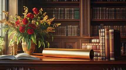 Elegant Library Interior With Books, Roses, and a Rolled Scroll on Desk. Vintage library interior featuring wooden shelves filled with books, a vase of vibrant red roses, and a scroll on desk.