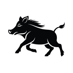 Dynamic black silhouette of a warthog in full gallop on a clean white background