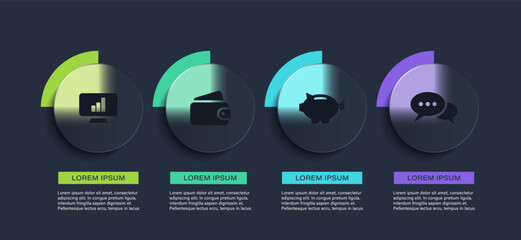 4 round infographic elements in glass morphism style. Marketing report, timeline infographic template
