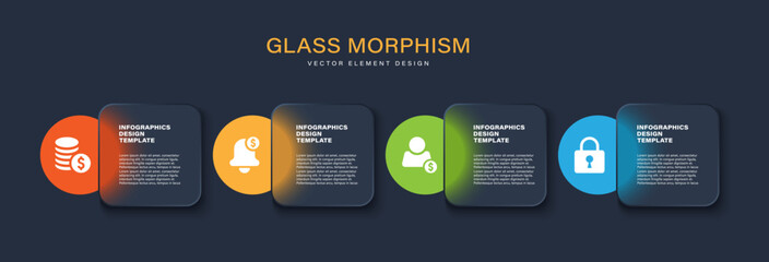 Glass morphism dark vector infographic template with 4 steps processes. Business and marketing infographic layout