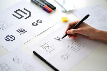 Graphic designer sketching geometric logo concepts on paper with pencil and design tools in creative workspace