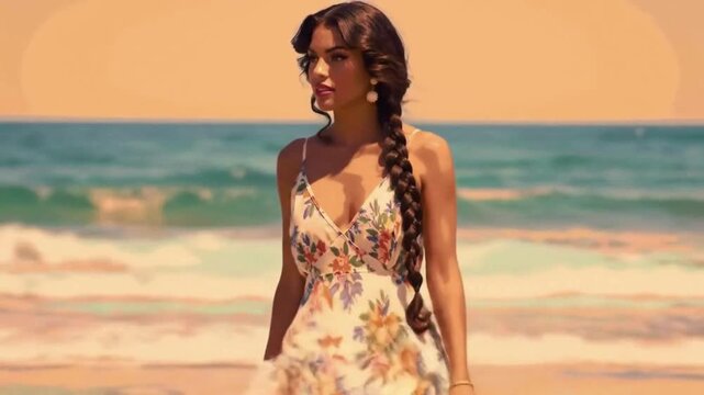 Retro art vintage lady on the beach with Ocean view summer vacation.