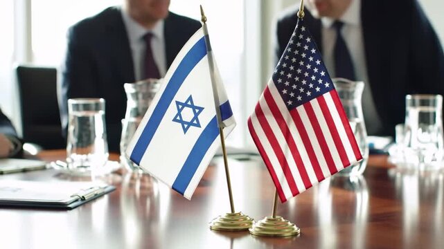 Israeli and US flags at center of formal diplomatic meeting with polished table reflections