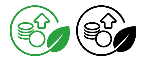 Icon coin money with arrow going up within a circular frame green leaf symbolizing eco friendly sustainable development responsible investment