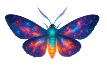 Colorful cosmic butterfly with galaxy pattern wings isolated on transparent background, representing space, fantasy, and surreal beauty