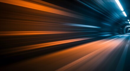 High-speed motion blur through a dark tunnel with vibrant orange and blue light streaks creating a futuristic effect.