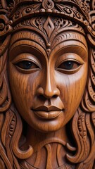 Intricate wooden carving of a serene female face, adorned with elaborate headdress and flowing hair