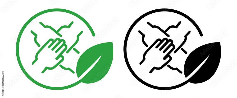 Poster icon multiple hands joined together in teamwork within a circular frame green leaf symbolizing eco f