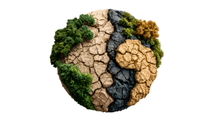 Visual of global challenges one half green, arid cracked earth. Environmental issues climate change, drought, global warming. Concept of sustainability, ecology, nature, earth, conservation