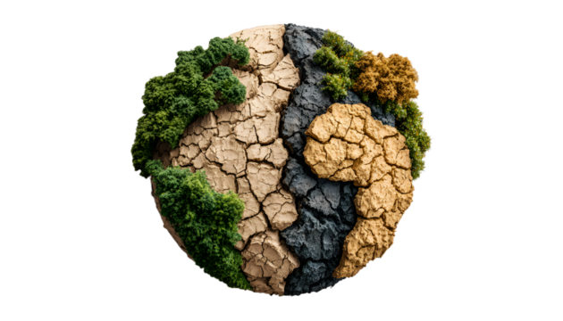 Visual of global challenges one half green, arid cracked earth. Environmental issues climate change, drought, global warming. Concept of sustainability, ecology, nature, earth, conservation