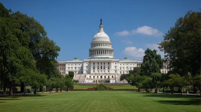 Fototapeta The United States Capitol building in Washington, D.C., with a green lawn in front.