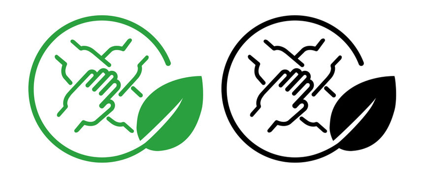 Icon multiple hands joined together in teamwork within a circular frame green leaf symbolizing eco friendly collaborative environmental efforts and community action