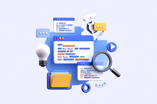 3D illustration of programming interface with source code, magnifying glass, gears, and digital UI elements