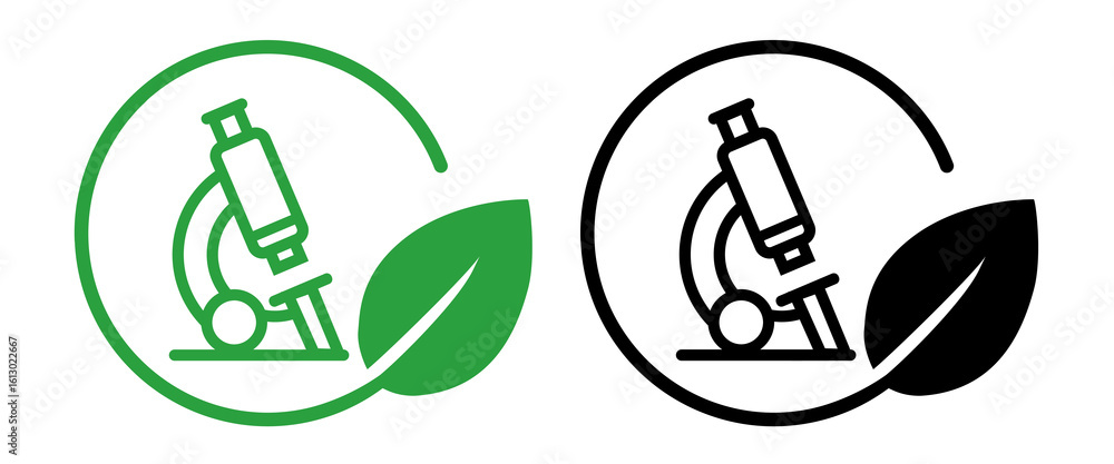 Poster icon microscope within a circular frame green leaf symbolizing environmental science research and bi