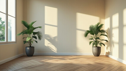 Two tropical plants casting silhouettes in a clean, sunlit interior. Great for real estate listings, decor promotions, and peaceful atmosphere projects.