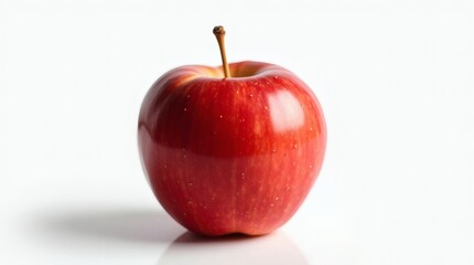 The hyper-realistic, isolated red apple, perfectly presented with a slight sheen on its surface, exhibiting its crisp skin and vibrant color on a pure white background.