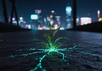 Glowing plant sprouting through pavement in futuristic neon cityscape
