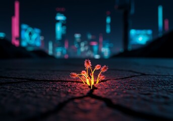 Glowing plant sprouting through pavement in futuristic neon cityscape