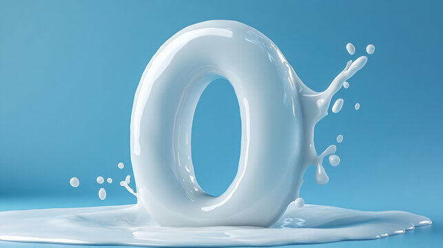 The number "0" is made of white milk, with a light blue background, with small splashes of milk liquid. 3d illustration.