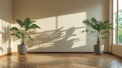 Minimalist indoor scene with tropical plants and elegant window shadows. Ideal for architecture portfolios, lifestyle content, and modern living themes.
