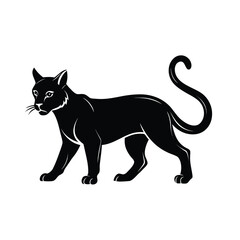 Alert wild cat walking confidently in a striking black silhouette against a clean white background