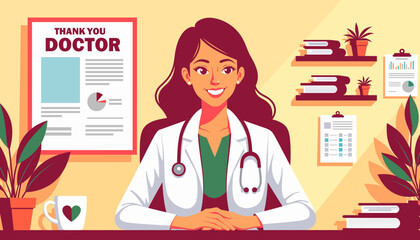 Smiling female doctor in white coat with stethoscope in clinic on International Doctors Day.  