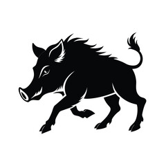 Dynamic black silhouette of a wild boar with prominent tusks in motion