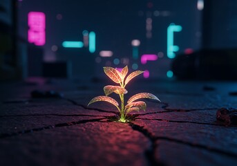Glowing plant sprouting through pavement in futuristic neon cityscape