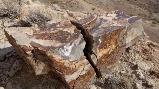 Large cracked schist rock embedded in dry land with visible mica flakes and shadow,