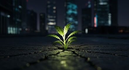 Glowing plant sprouting through pavement in futuristic neon cityscape