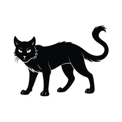 Alert wild cat walking in a black silhouette against a white background