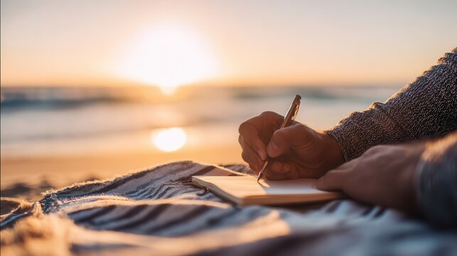 Person writing in a journal at sunset on the beach.