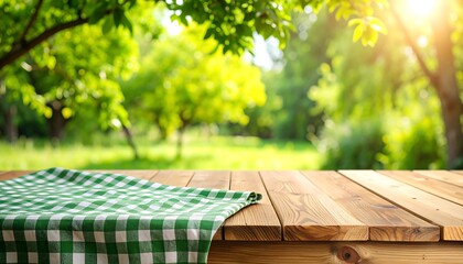 Picnic Table with Green Checkered Cloth in Sunny Garden with Blurred Background.