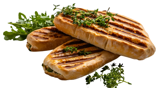Close up of three grilled sandwiches with filling and grill marks isolated on transparent background