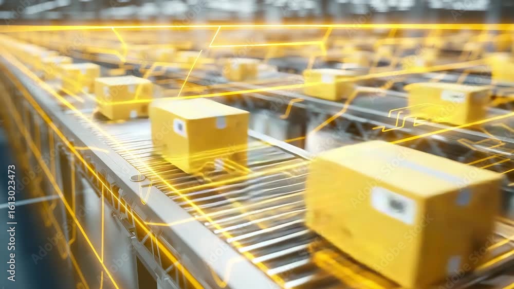 Poster packages are moving swiftly along a conveyor system in a busy warehouse environment, highlighting th