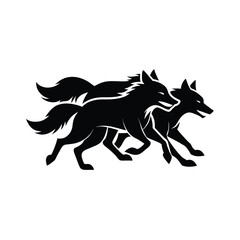 Dynamic wolf pack running together in a bold black silhouette