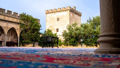 Medieval courtyard with a tower